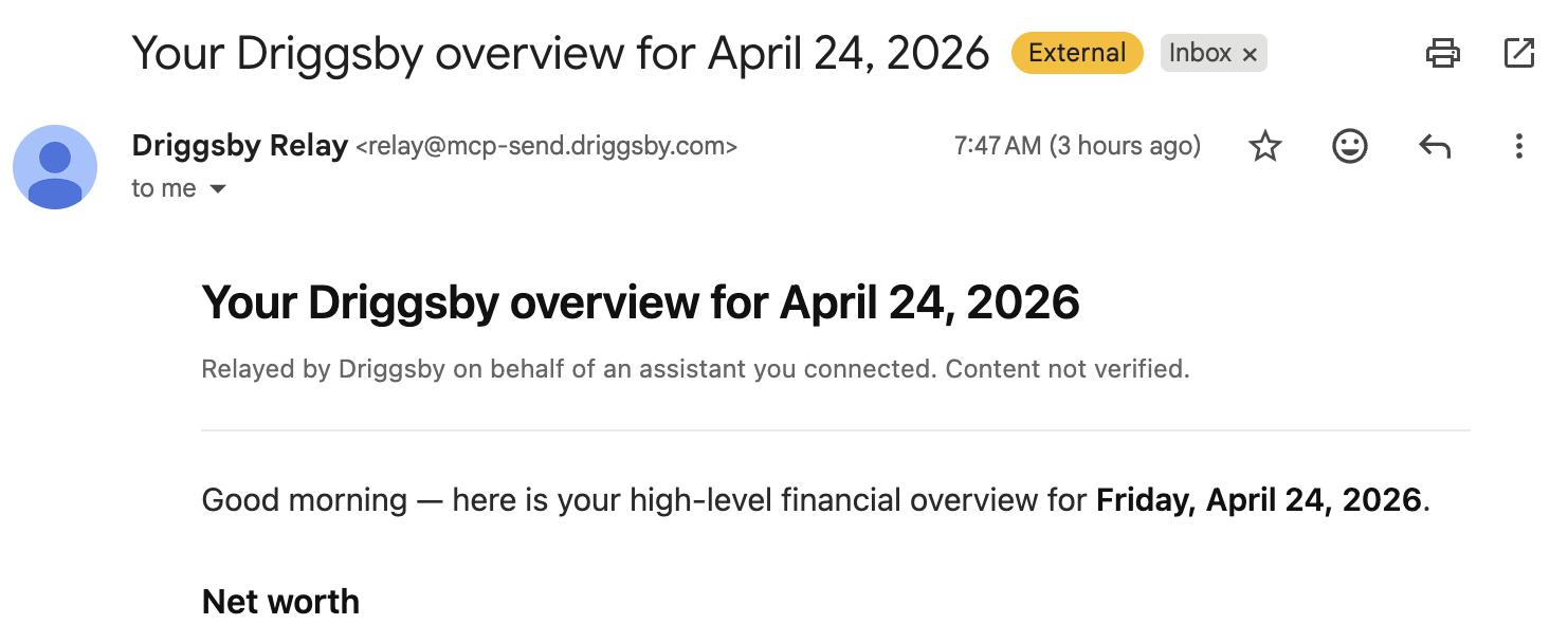 The Driggsby daily overview email arriving in Gmail on April 24, 2026.